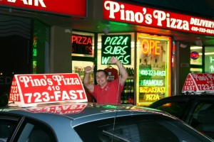 Pino's Pizza Delivery car and driver